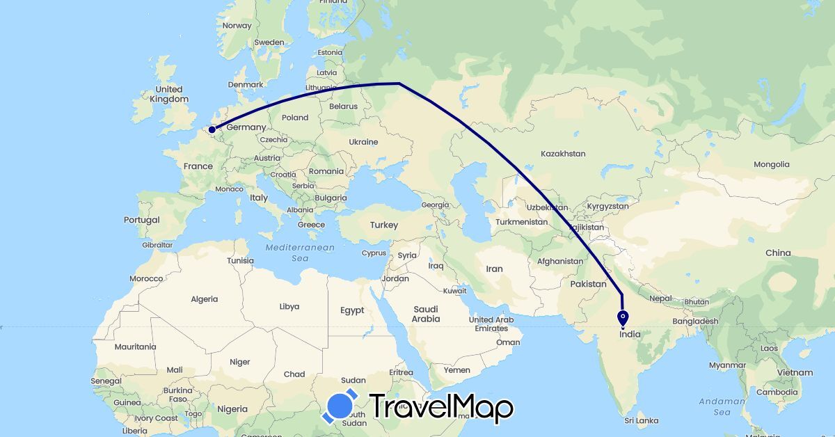 TravelMap itinerary: driving in Belgium, India, Russia (Asia, Europe)